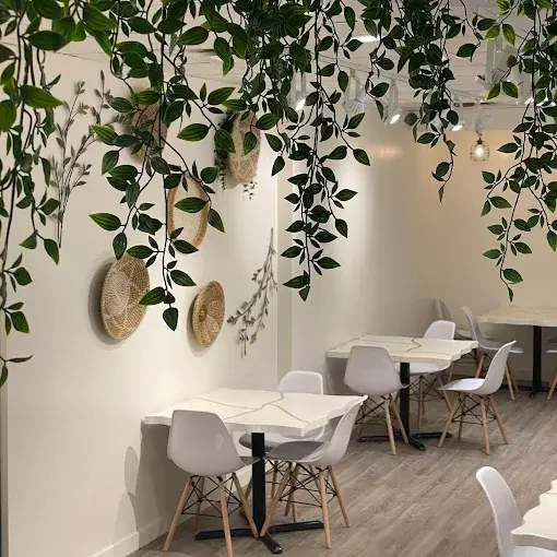 Zaytoon Restaurant and Cafe interior with floor-to-ceiling greenery in Osborne Village Winnipeg